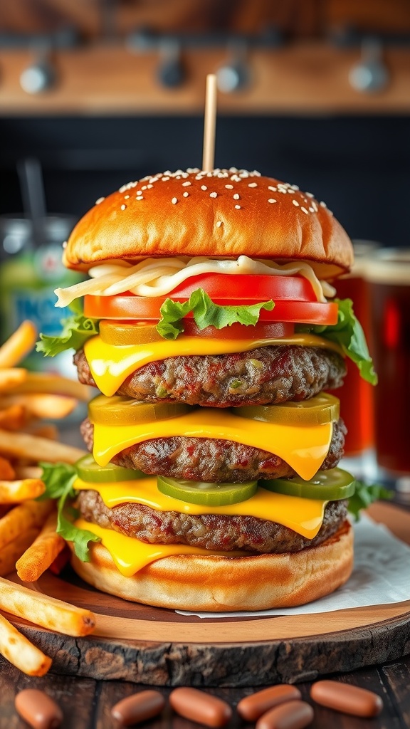 A delicious double cheeseburger with two patties, cheese, lettuce, tomatoes, and pickles, accompanied by French fries.